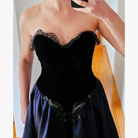 VTG 80s Party Dress 6 Black Velvet Corset Purple Skirt Dark Princes Goth - Picture 2 of 15